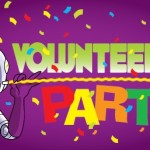 logo for Volunteers Party featuring Connie wearing a party hat, and confetti