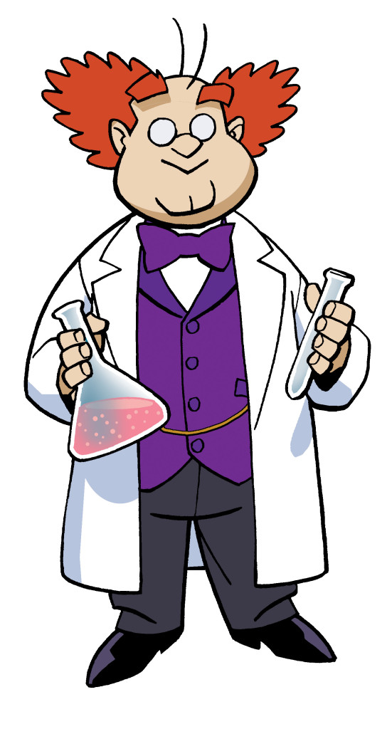 Illustration of Professor Max Misfittle holding test tubes and wearing a lab coat