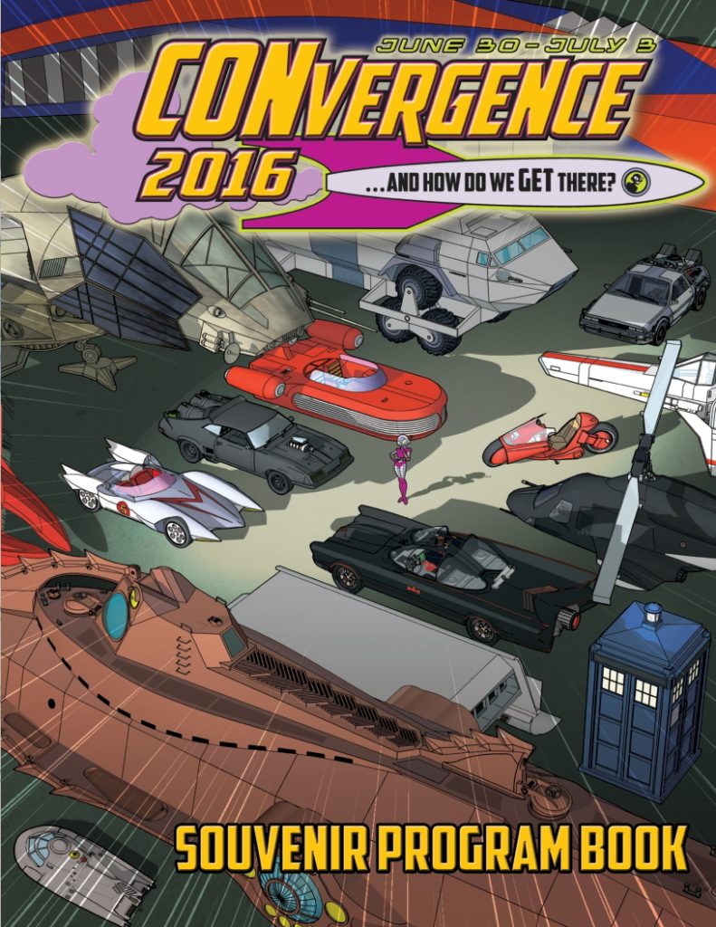 Cover of CONvergence 2016 Program Guide featuring Connie in a parking lot full of sci-fi vehicles