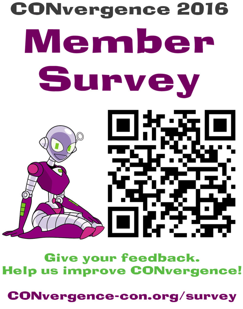 the poster to tell people about the member survey. Features a QR code for the survey, and connie. Reads, "Give your feedback! Help us improve CONvergence!"