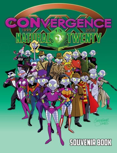 Cover art for CONvergence 2018 souviner book featuring Connie in many different cosplays