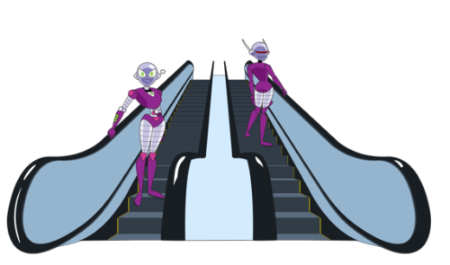 Connie and Mark 2 ride the escalators