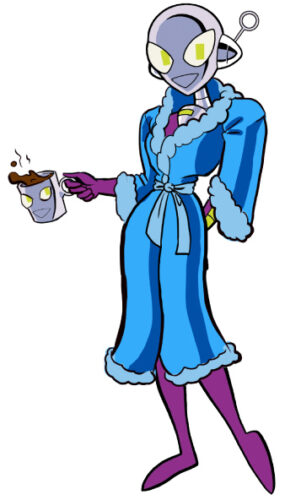 Connie in a bathrobe holding a coffee mug