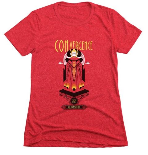 Fitted Red T-Shirt with art of Connie as Queen Amidala and text that says CONvergence 2023: All dressed up