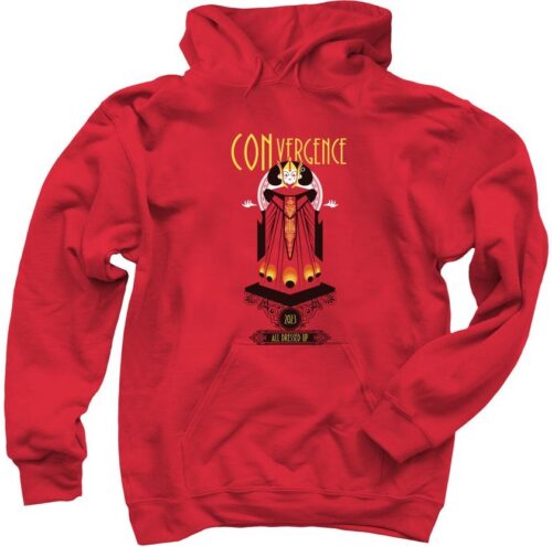 Red pullover hoodie with art of Connie as Queen Amidala and text that says CONvergence 2023: All dressed up