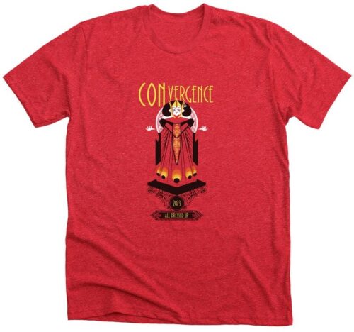 Red T-Shirt with art of Connie as Queen Amidala and text that says CONvergence 2023: All dressed up