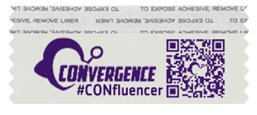White badge ribbon with purple printing that says CONvergence #CONfluencer