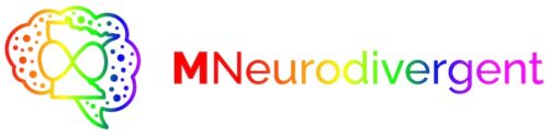Logo of MNeurodivergent. Line drawing of a brain to the left, text reading MNeurodivergent, rendered in rainbow colors