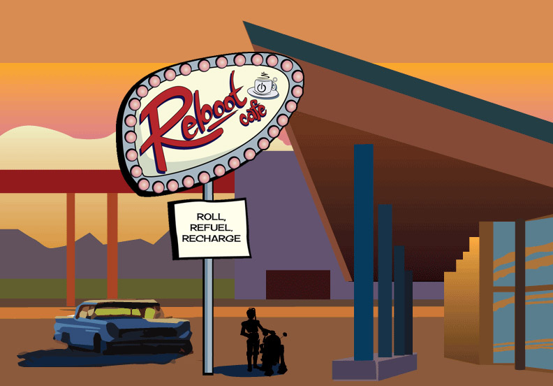 F2E2 and Tea-3P0 next to Reboot Cafe sign