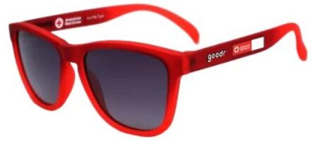 Red Cross sunglasses. They are a classic plastic style and have red frames.