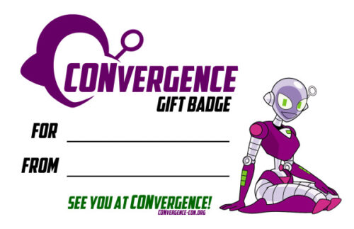 Printable Gift Badge sheet featuring CONvergence logo and Connie