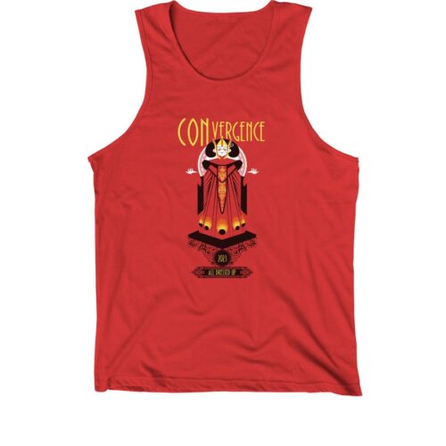 Red tank top with art of Connie as Queen Amidala and text that says CONvergence 2023: All dressed up