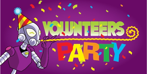 logo for Volunteers Party featuring Connie wearing a party hat, and confetti