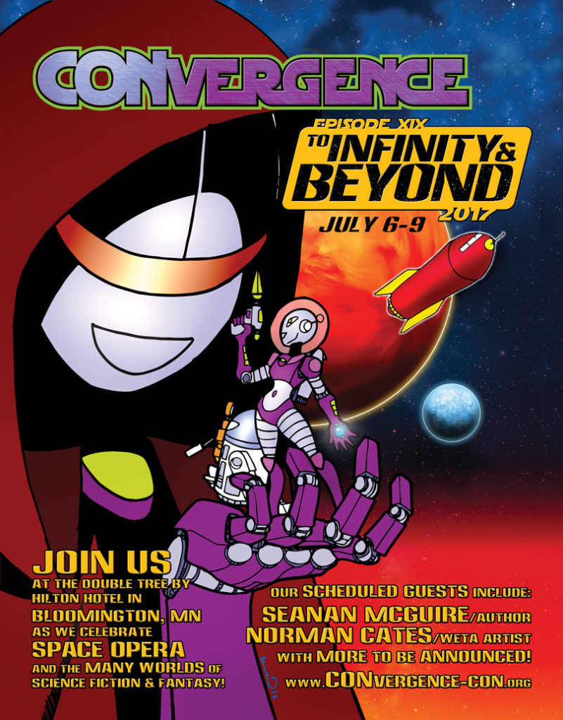 CONvergence 2017 ad featuring Mark 2 and Connie in ourter space. Mark 2 is dressed as a Jedi; Connie is wearing a retro space suit with bubble helmet. There are planets and a rocket ship in the background.