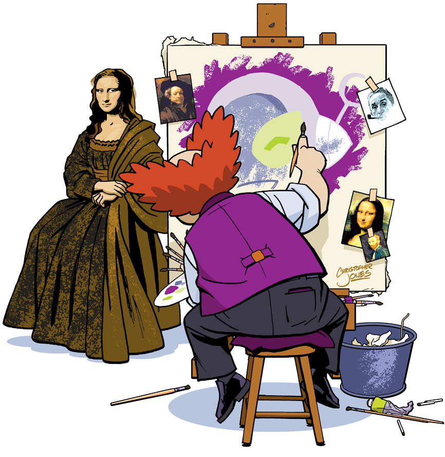 Professor max painting a portrait of Mona Lisa, but it looks like Connie