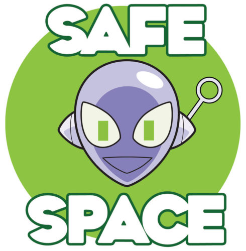 Connie smiling with text that reads "SAFE SPACE"