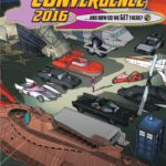Cover of CONvergence 2016 Program Guide featuring Connie in a parking lot full of sci-fi vehicles