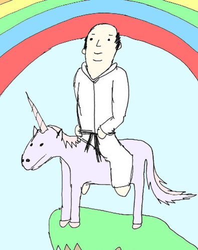 MS Paint-style drawing of Chuck Tingle riding a unicorn in front of a rainbow