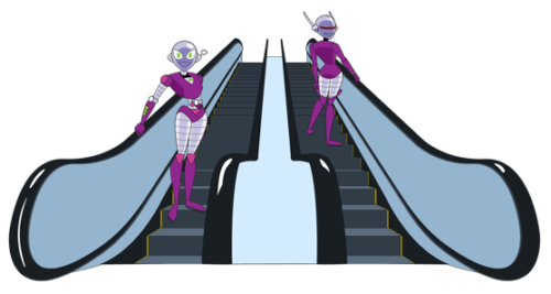 Connie and MkII ride the escalators