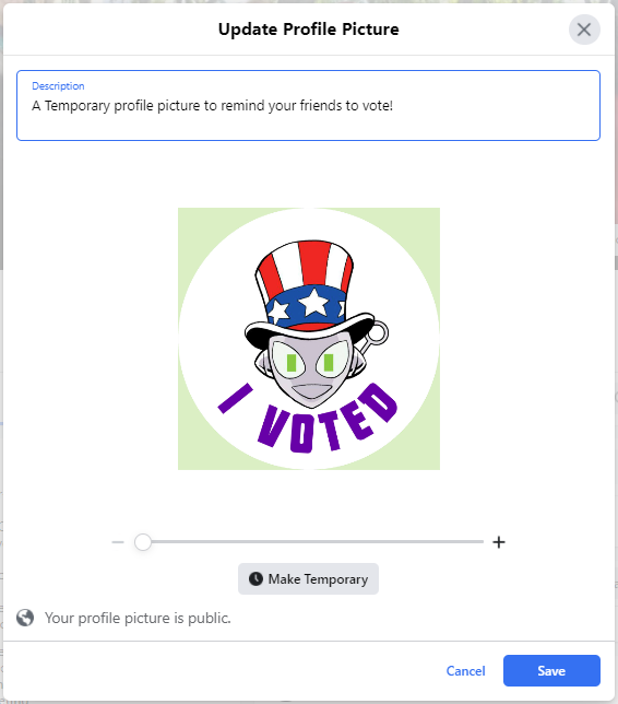 Facebook interface for adding a new profile picture, showing the Connie "I Voted" temporary profile picture.