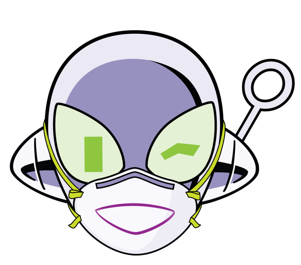 Connie wearing an N95 mask with a smile drawn on it, and winking