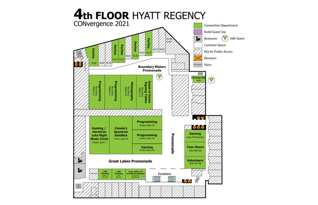 Map of 4th floor for CONvergence 2021. Plain text maps are further down the page.