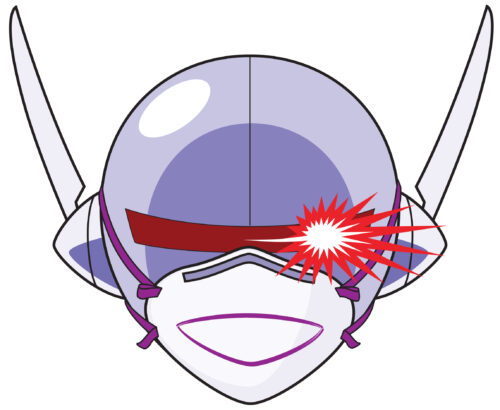 Connie Mark 2 wearing an N95 mask with a smile drawn on it