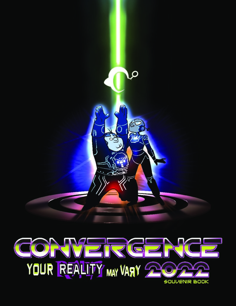 CONvergence 2022 souvenir book cover featuring art of Connie and Professor Max as Tron characters