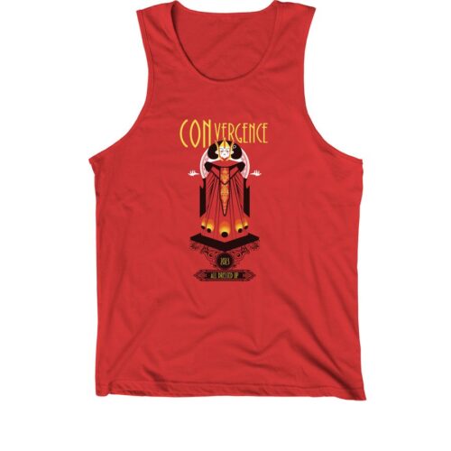 Red tank top with art of Connie as Queen Amidala and text that says CONvergence 2023: All dressed up
