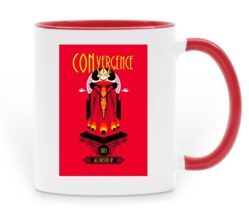 Red and White coffee mug with art of Connie as Queen Amidala and text that says CONvergence 2023: All dressed up