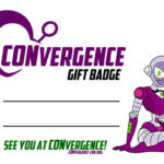 Printable Gift Badge sheet featuring CONvergence logo and Connie